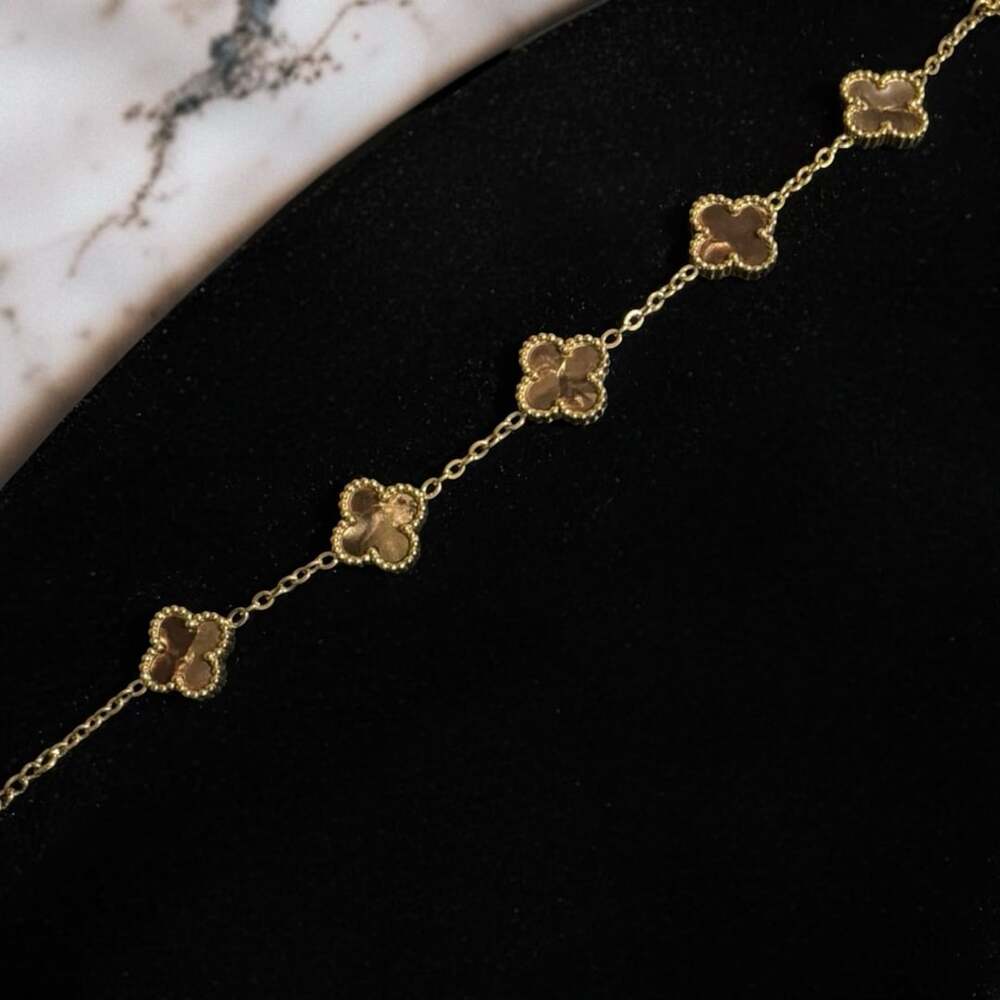 18k Gold Over Stainless Steel Brown Clover Adjustable Bracelet 6.5”-8.5”